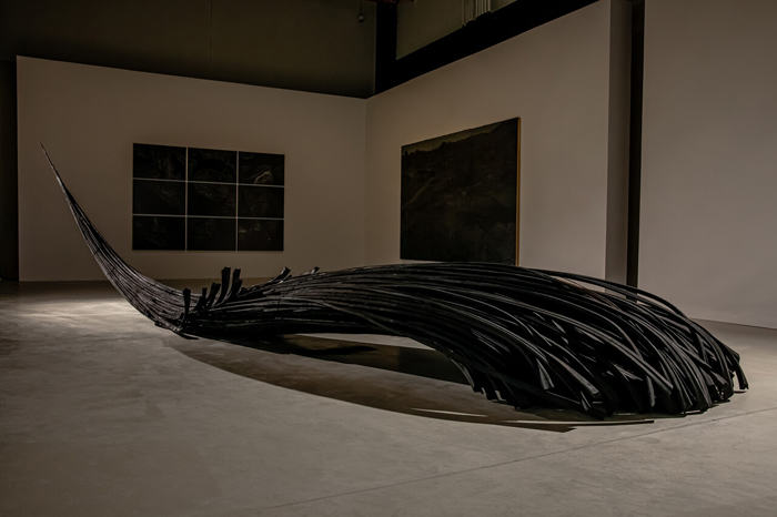 Muhannad Shono, A Song of Silence, 2024. Burnt palm. Commissioned by the Ministry of Culture, Saudi Arabia. 