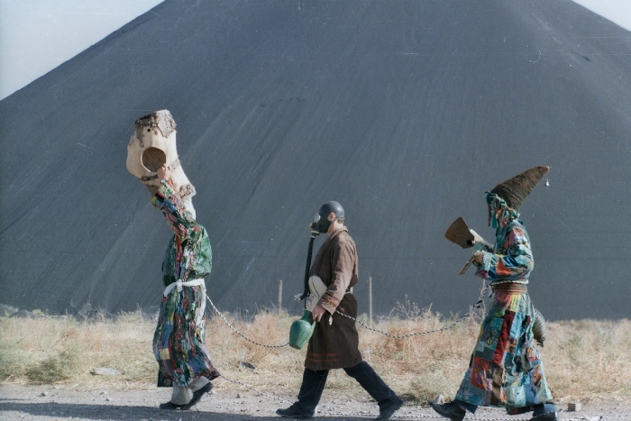 Kyzyl Tractor Art Collective, Untitled, 2002. Archival photo print, 27.5 x 47.2 inches. As part of a documentary film shooting by B. Kairbekov. Courtesy of the artists & Asia Contemporary Art Week 2018.