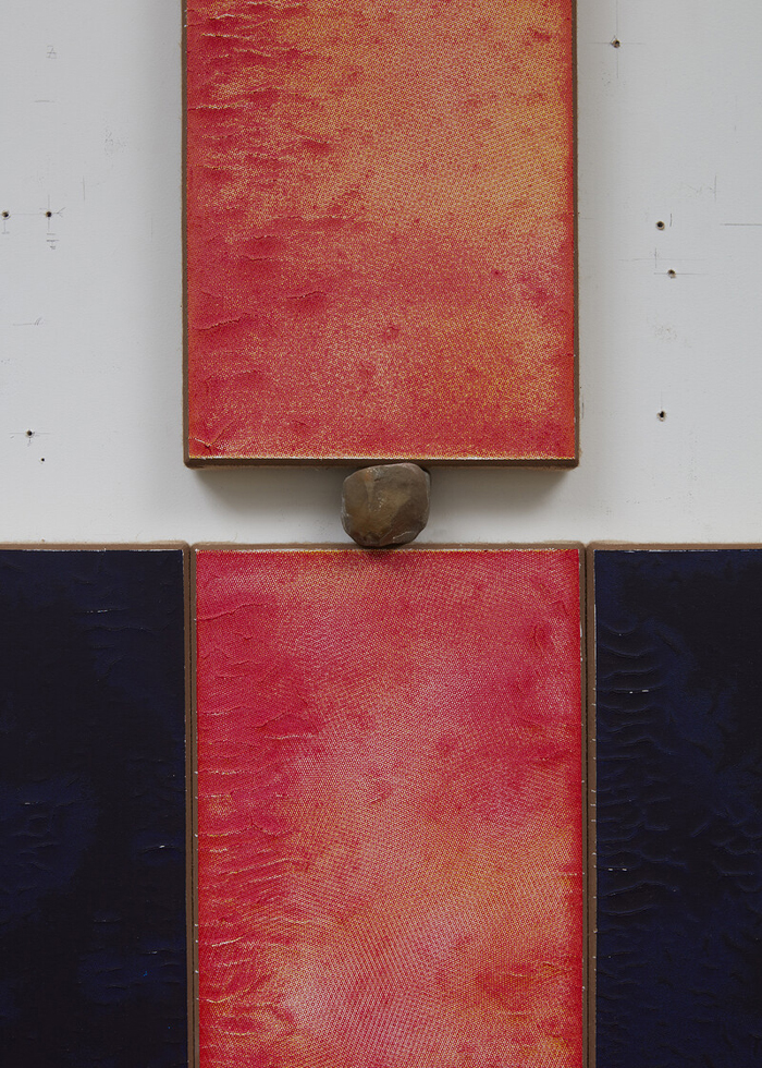 N. Dash, Untitled (detail), 2023. Earth, acrylic, rock, silkscreen ink, jute, 64 x 59 inches. Photo: Jason Wyche. 