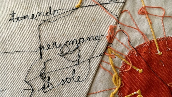 Maria Lai,  Tenendo per mano il sole,  1984-2004. Thread, cloth, velvet,  33 x 63 cm. Private collection. Photo: Francesco Casu. Courtesy Archivio Maria Lai.  ｩ  Archivio Maria Lai by SIAE 2019. 