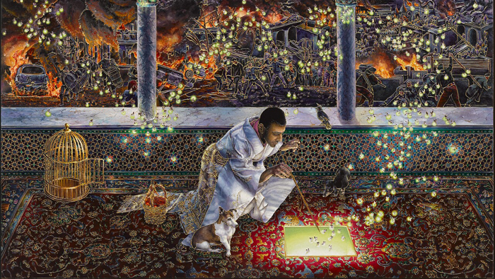 Raqib Shaw, Ode to the Country without a Post Office, 2019–20. Acrylic liner and enamel on birch wood, 80 x 85 cm. © Raqib Shaw. Private collection. Photo: © (White Cube) Theo Christelis. 