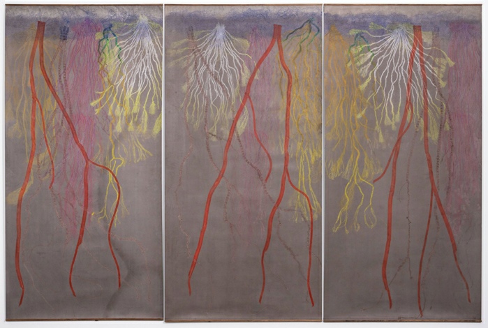 Carolina Caycedo,&nbsp;Prairie Root Portrait, 2026. Relief print from paracord, sisal, jute, climbing, and cotton rope on dyed Evolon paper, 108 x 162 inches overall. Courtesy of the artist and Island Press. Photo: Carol Green. 