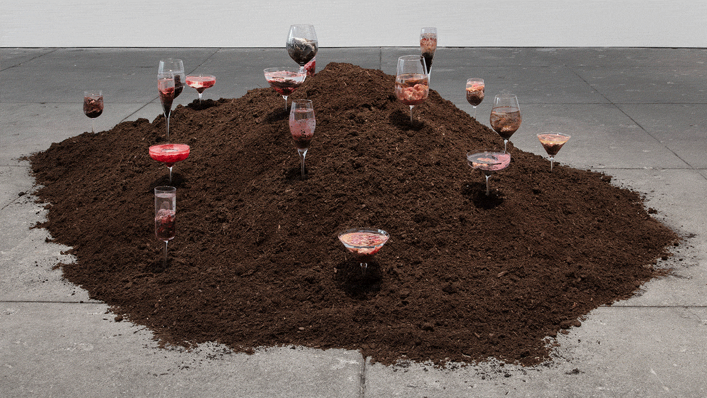 [1] Ane Graff, The Loss of Memory with Other Losses, 2023. Soil, glass. Dimensions variable. Courtesy of the artist and Macalline Center of Art. [2] Zhan Wang, Suyuan Stone Generator, 2010. Sculptural installation. Dimensions variable. Courtesy of the artist and Macalline Center of Art. [3] Julian Charrière, Metamorphism, 2016. Artificial lava, molten computer waste, corian, steel, white glass. 170×25×25 cm each. Courtesy of the artist and Macalline Center of Art. Photo: Jens Ziehe. 