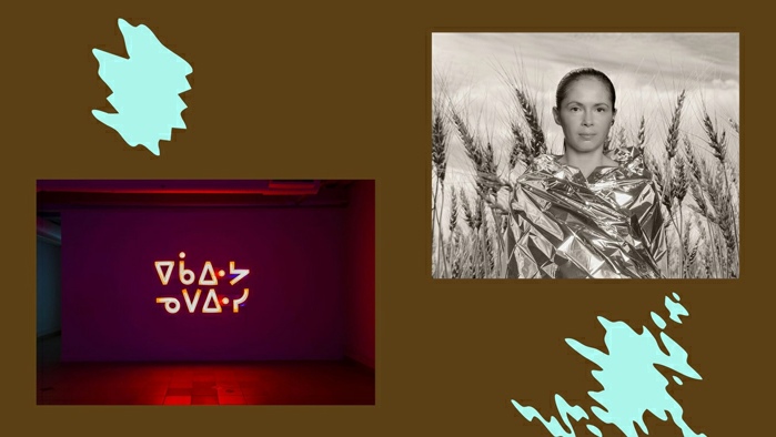 De gauche à droite: Joi T. Arcand,&nbsp;ēkawiya nepēwisi, neon channel sign, 2017. Installation view,&nbsp;she used to want to be a ballerina, College Art Gallery, Saskatoon, 2019. Courtesy of the artist. Photo: Carey Shaw. Althea Thauberger,&nbsp;Der Kleiekotzer, 2025. Courtesy of the artist and Susan Hobbs Gallery. 