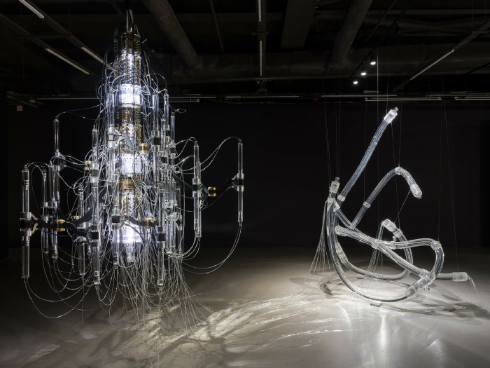 Installation view of Yunchul Kim,  Cascade (2018)  at KCCUK. © Mark Blower. 	